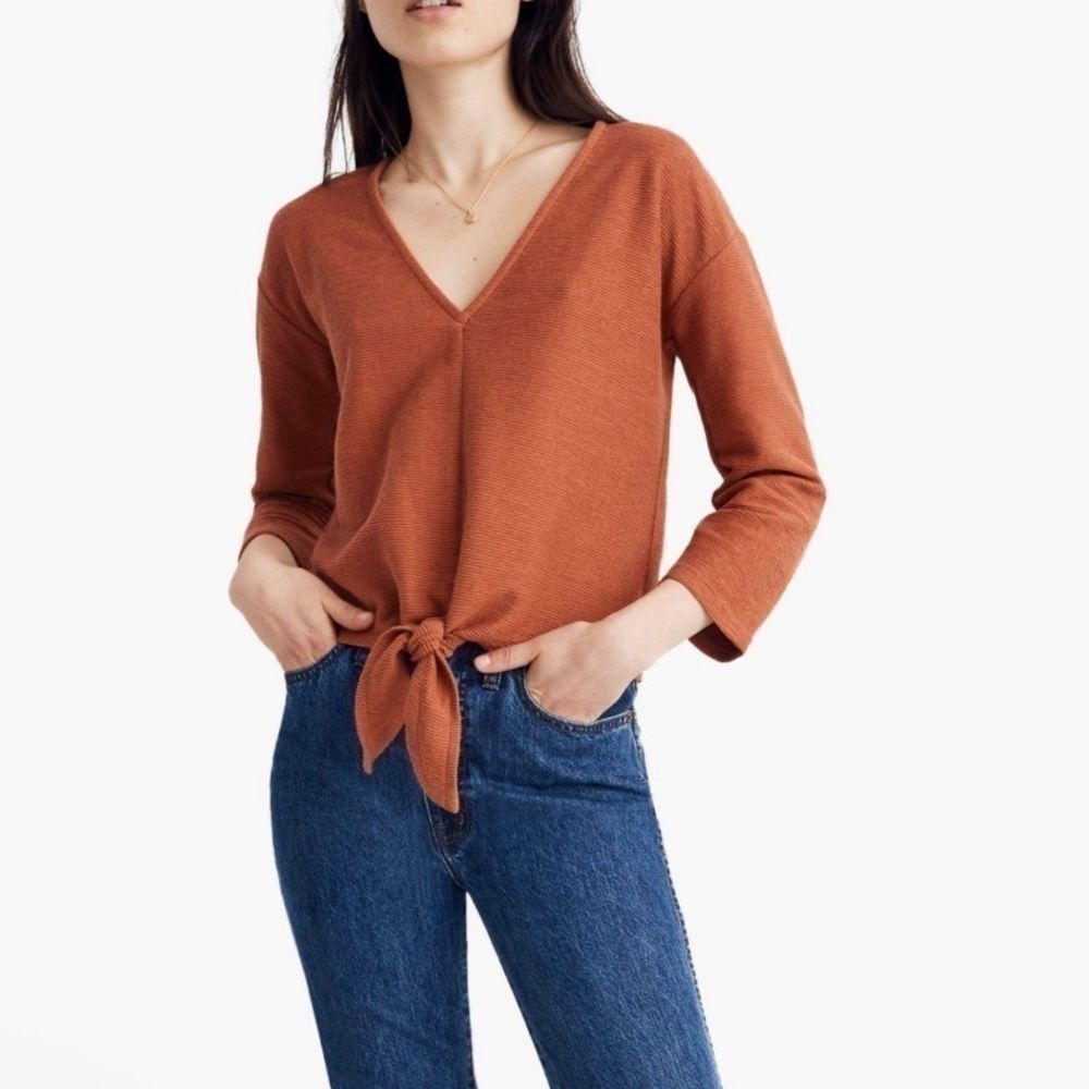 TEXTURE & THREAD MADEWELL BURNT ORANGE TEXTURED TIE FRONT TOP SIZE LARGE